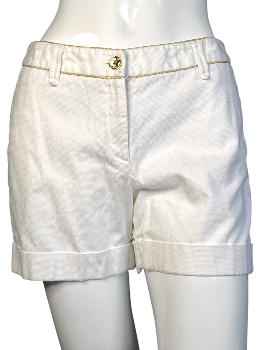 Issac Mizrahi Target White Cotton Pique Shorts Gold Metallic Trim Preppy Size 6